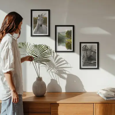 Gallery wall witte paarden bij de rivier in een natuurlijk landschap