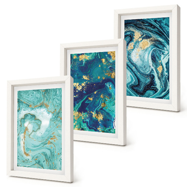 Set van ingelijste schilderijen Turquoise abstractie van gemorste verf