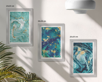 Set van ingelijste schilderijen Turquoise abstractie van gemorste verf