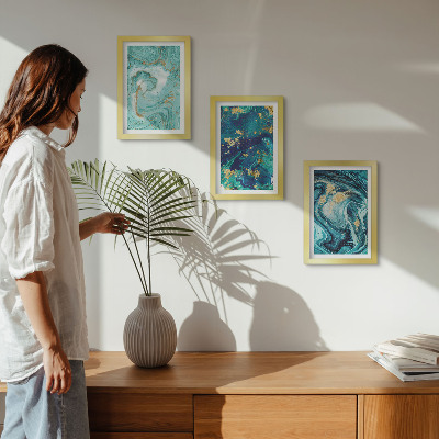Set van ingelijste schilderijen Turquoise abstractie van gemorste verf