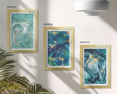 Set ingelijste schilderijen met turquoise abstractie van gemorste verf