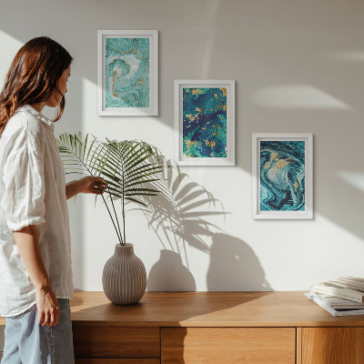 Set van ingelijste schilderijen Turquoise abstractie van gemorste verf
