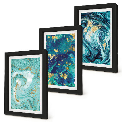 Set van ingelijste schilderijen Turquoise abstractie van gemorste verf