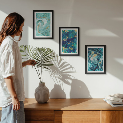 Set van ingelijste schilderijen Turquoise abstractie van gemorste verf