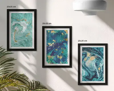 Set ingelijste schilderijen met turquoise abstractie van gemorste verf