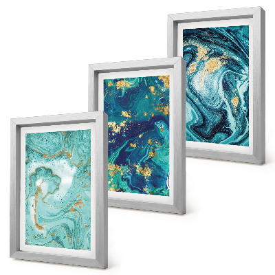 Set van ingelijste schilderijen Turquoise abstractie van gemorste verf