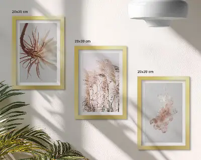 Set van ingelijste schilderijen bloemen en grassen op een lichte achtergrond