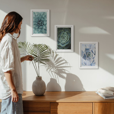 Gallery wall Vetplanten in groene en turquoise tinten.