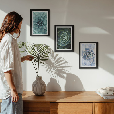 Gallery wall Vetplanten in groene en turquoise tinten.