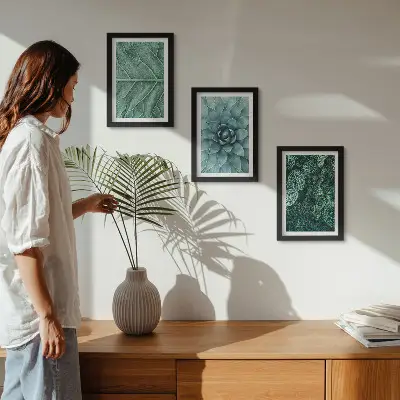 Set ingelijste schilderijen met close-ups van vetplanten en bladeren