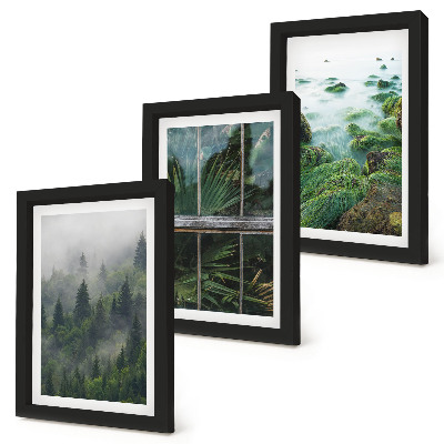 Gallery wall Een bos in de mist, een rivieroever en een kas met planten.