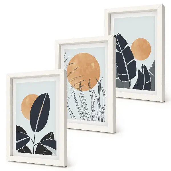 Set van ingelijste schilderijen plantenpatronen met grote zonnen in minimalistische stijl