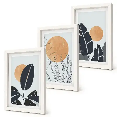 Set van ingelijste schilderijen plantenpatronen met grote zonnen in minimalistische stijl