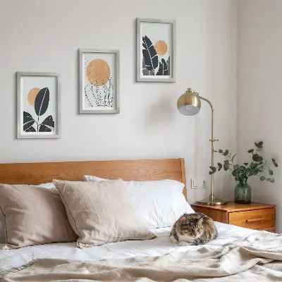 Set van ingelijste schilderijen plantenpatronen met grote zonnen in minimalistische stijl