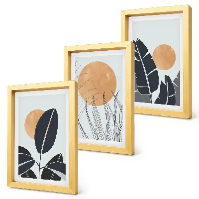 Set van ingelijste schilderijen plantenpatronen met grote zonnen in minimalistische stijl
