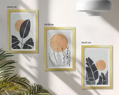 Set van ingelijste schilderijen plantenpatronen met grote zonnen in minimalistische stijl