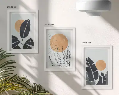 Set van ingelijste schilderijen plantenpatronen met grote zonnen in minimalistische stijl