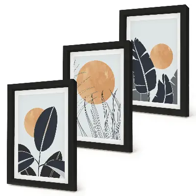 Set van ingelijste schilderijen plantenpatronen met grote zonnen in minimalistische stijl