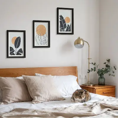 Set van ingelijste schilderijen plantenpatronen met grote zonnen in minimalistische stijl