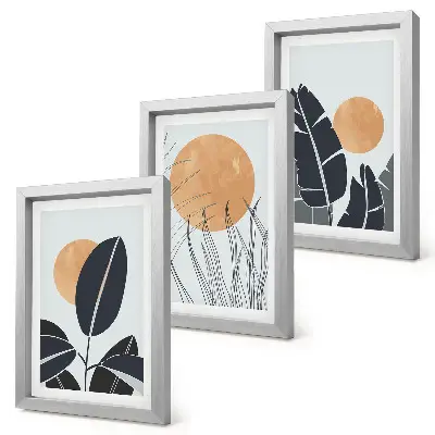 Set van ingelijste schilderijen plantenpatronen met grote zonnen in minimalistische stijl