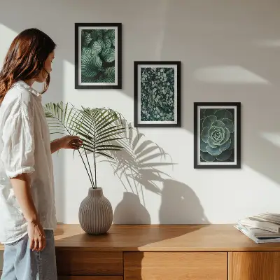 Gallery wall met groene bladplanten en stijlvolle vetplanten