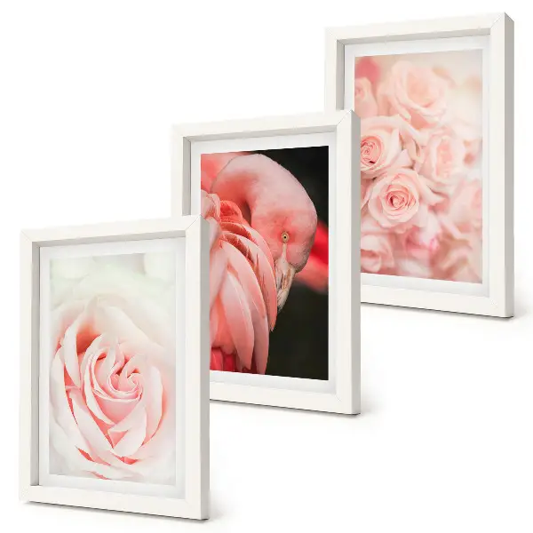 Set van ingelijste schilderijen met pastelroze flamingo's in delicate tinten