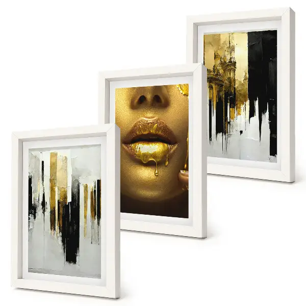 Set van ingelijste schilderijen met abstracte kunst en een vrouwenportret