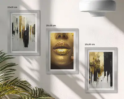 Set van ingelijste schilderijen met abstracte kunst en een vrouwenportret