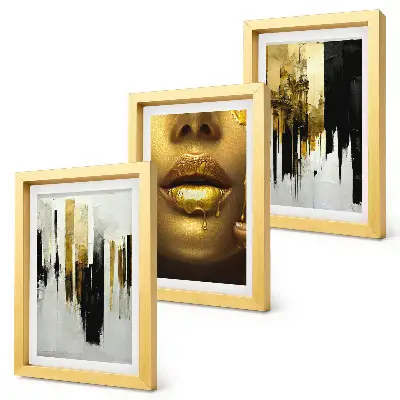 Set van ingelijste schilderijen met abstracte kunst en een vrouwenportret