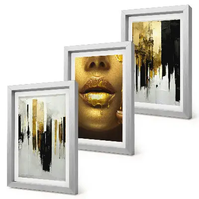 Set van ingelijste schilderijen met abstracte kunst en een vrouwenportret