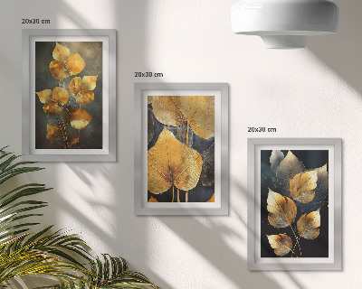 Gallery wall Bladeren in verschillende tinten geel op een donkere achtergrond.