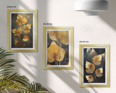 Gallery wall Bladeren in verschillende tinten geel op een donkere achtergrond.