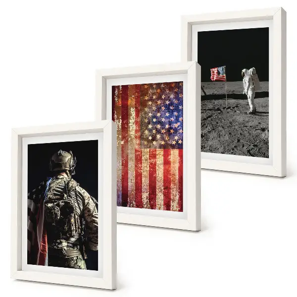 Set ingelijste schilderijen met Amerikaanse nationale symbolen en de vlag van de VS