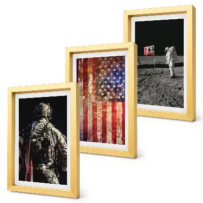 Set ingelijste schilderijen met Amerikaanse nationale symbolen en de vlag van de VS
