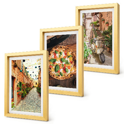 Set van ingelijste schilderijen Sfeervolle straatjes met planten en Italiaanse pizza.