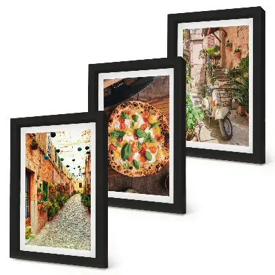 Set van ingelijste schilderijen met sfeervolle straatjes, planten en Italiaanse pizza