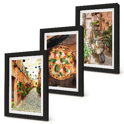 Set van ingelijste schilderijen Sfeervolle straatjes met planten en Italiaanse pizza.