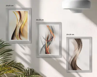 Gallery wall met golven in tinten geel, grijs en bruin