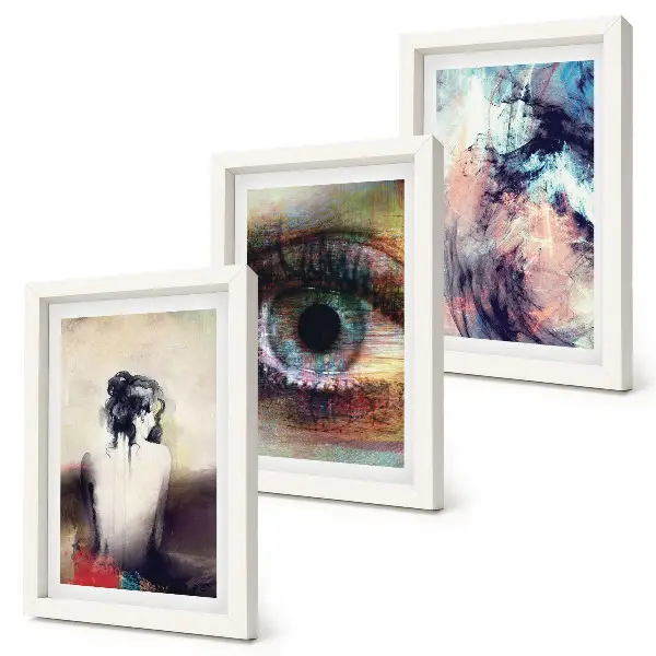 Set ingelijste schilderijen portret van een vrouwenoog in abstracte kleuren met emotionele uitstraling