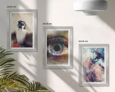 Set ingelijste schilderijen portret van een vrouwenoog in abstracte kleuren met emotionele uitstraling