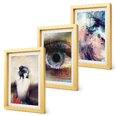 Set van ingelijste schilderijen Portret van een vrouwenoog, abstracte kleuren, emoties