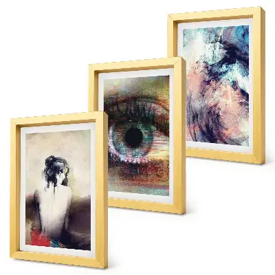 Set ingelijste schilderijen portret van een vrouwenoog in abstracte kleuren met emotionele uitstraling