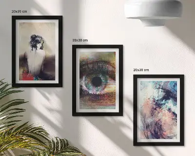 Set ingelijste schilderijen portret van een vrouwenoog in abstracte kleuren met emotionele uitstraling