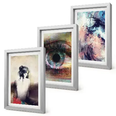 Set ingelijste schilderijen portret van een vrouwenoog in abstracte kleuren met emotionele uitstraling