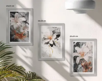 Set van ingelijste schilderijen met bloemen op een marmeren achtergrond in wit- en zwarttinten