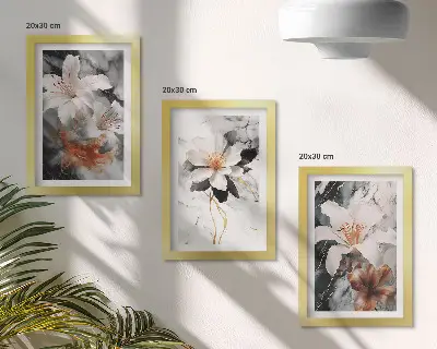 Set van ingelijste schilderijen met bloemen op een marmeren achtergrond in wit- en zwarttinten