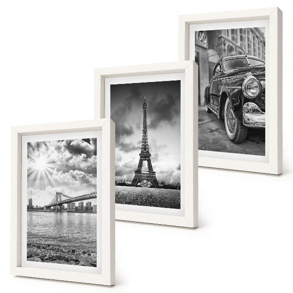 Set van ingelijste schilderijen Stadsgezichten, bruggen, Eiffeltoren, klassieke auto