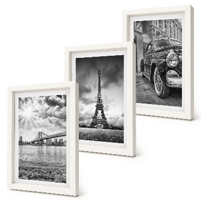 Set van ingelijste schilderijen Stadsgezichten, bruggen, Eiffeltoren, klassieke auto