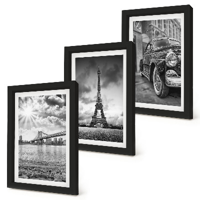 Set van ingelijste schilderijen Stadsgezichten, bruggen, Eiffeltoren, klassieke auto