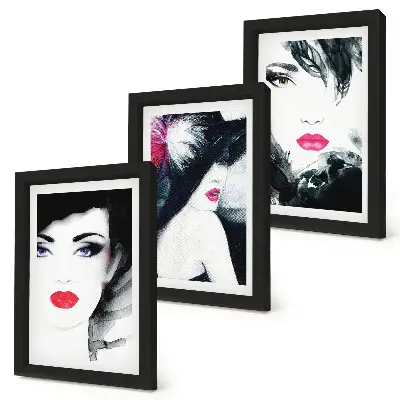 Set van ingelijste schilderijen met geschilderde portretten van vrouwen met expressieve lippen